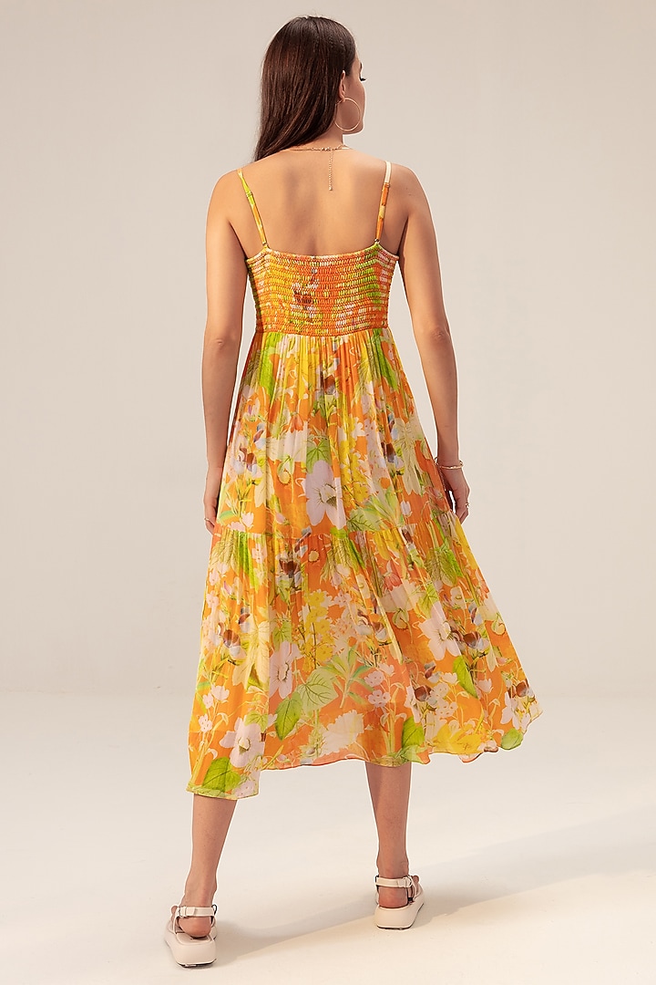 Yellow Bemberg Georgette Floral Printed Tiered Summer Dress by Reena Sharma at Pernia's Pop Up Shop