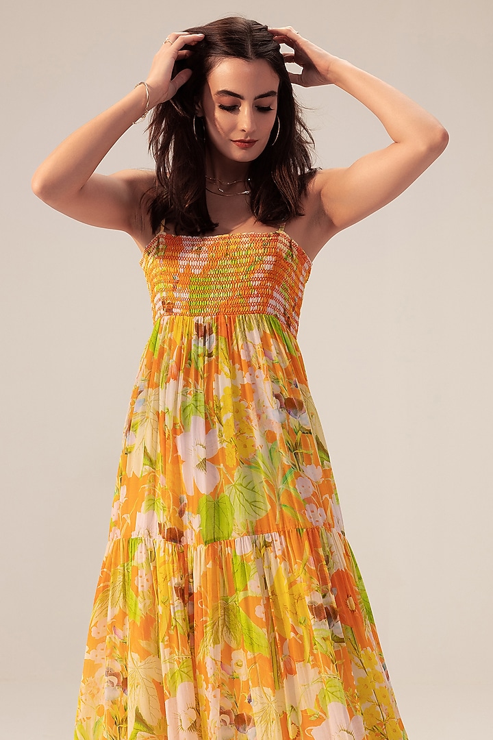 Yellow Bemberg Georgette Floral Printed Tiered Summer Dress by Reena Sharma at Pernia's Pop Up Shop