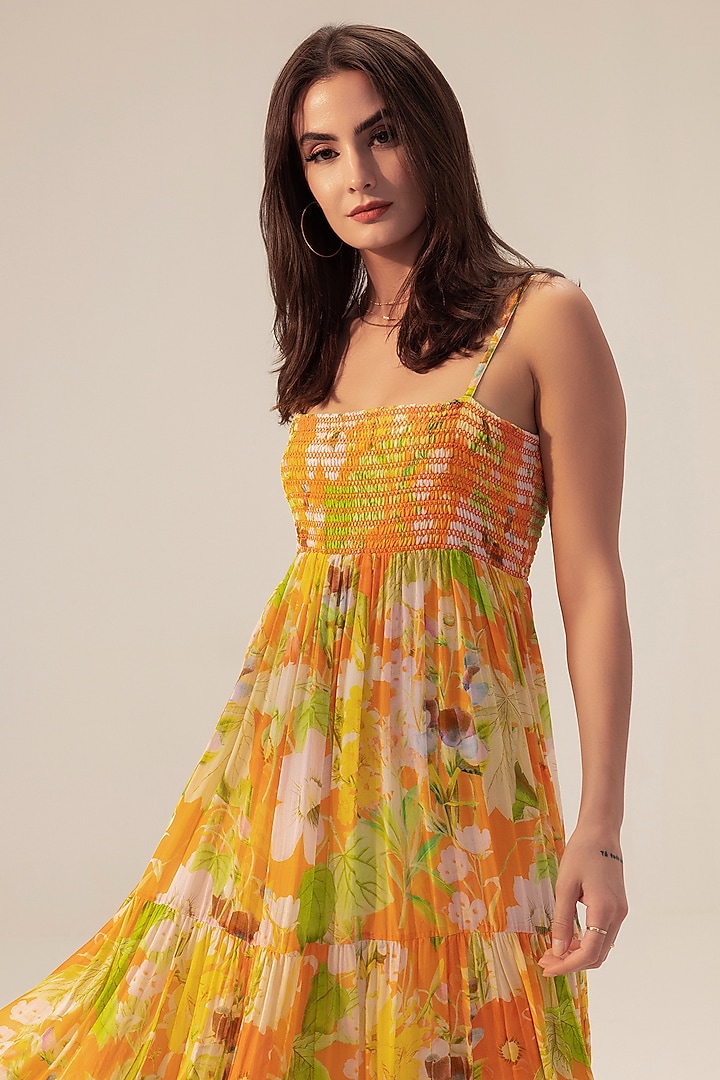 Yellow Bemberg Georgette Floral Printed Tiered Summer Dress by Reena Sharma at Pernia's Pop Up Shop