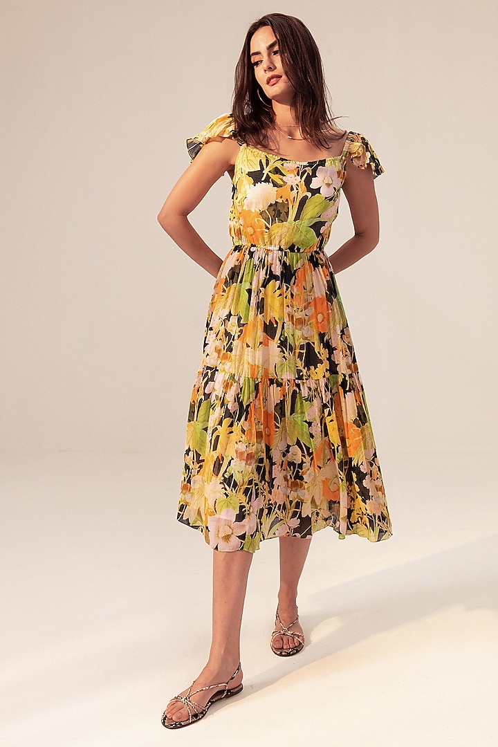 Multi-Colored Cotton Floral Printed Tiered Midi Summer Dress by Reena Sharma at Pernia's Pop Up Shop