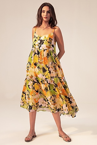 Multi-Colored Cotton Floral Printed Tiered Dress by Reena Sharma