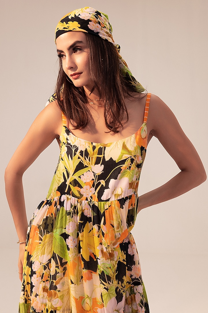 Multi-Colored Cotton Floral Printed Tiered Summer Dress by Reena Sharma at Pernia's Pop Up Shop
