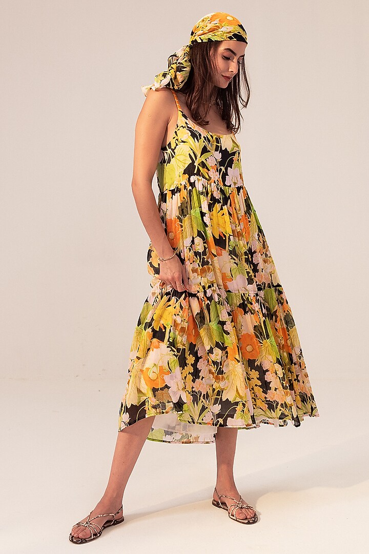 Multi-Colored Cotton Floral Printed Tiered Summer Dress by Reena Sharma at Pernia's Pop Up Shop