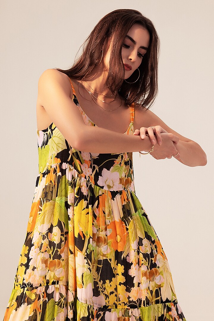 Multi-Colored Cotton Floral Printed Tiered Summer Dress by Reena Sharma at Pernia's Pop Up Shop