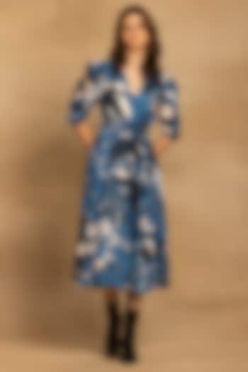 Blue Cotton Twill Abstract Floral Printed Wrap Midi Dress by Reena Sharma