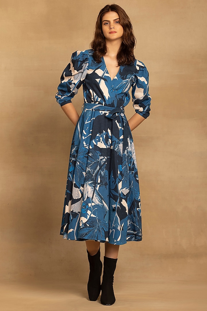 Blue Cotton Twill Abstract Floral Printed Wrap Midi Dress by Reena Sharma