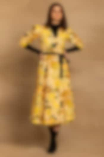 Yellow Cotton Twill Abstract Floral Printed Wrap Midi Dress by Reena Sharma at Pernia's Pop Up Shop