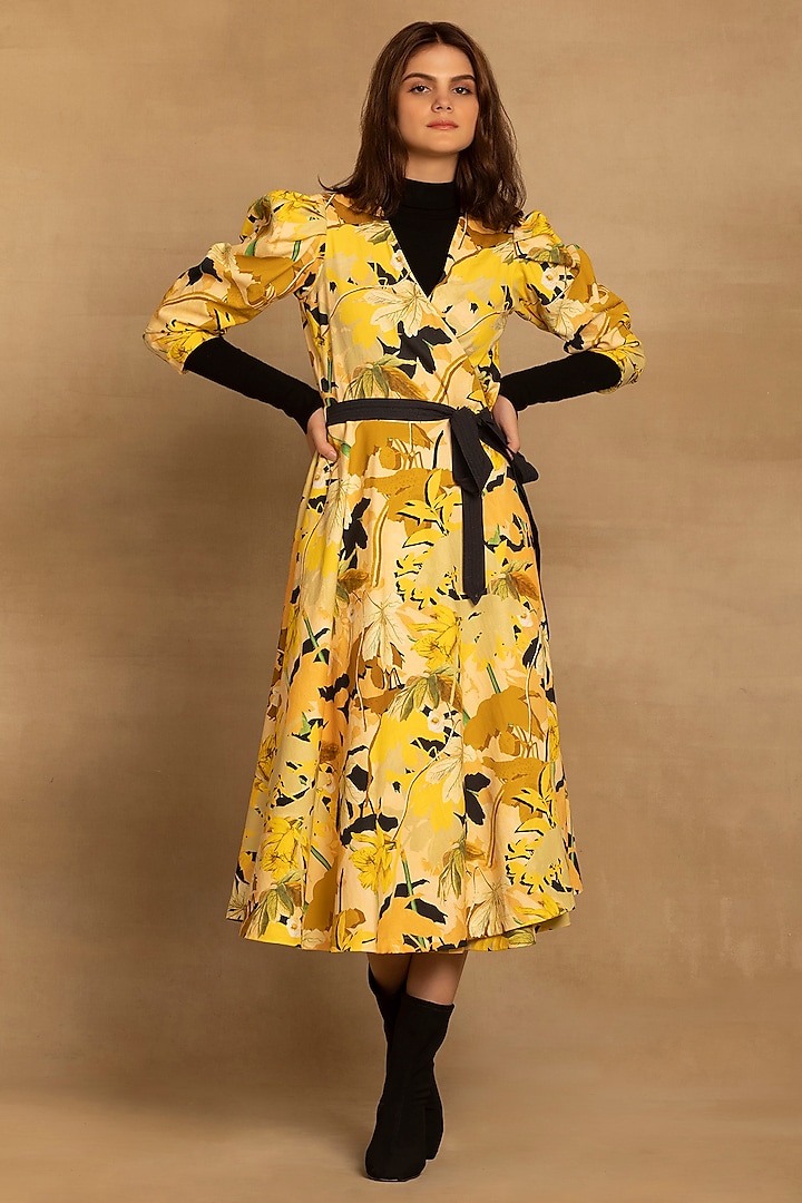 Yellow Cotton Twill Abstract Floral Printed Wrap Midi Dress by Reena Sharma at Pernia's Pop Up Shop