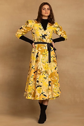 Yellow Cotton Twill Abstract Floral Printed Wrap Midi Dress by Reena Sharma