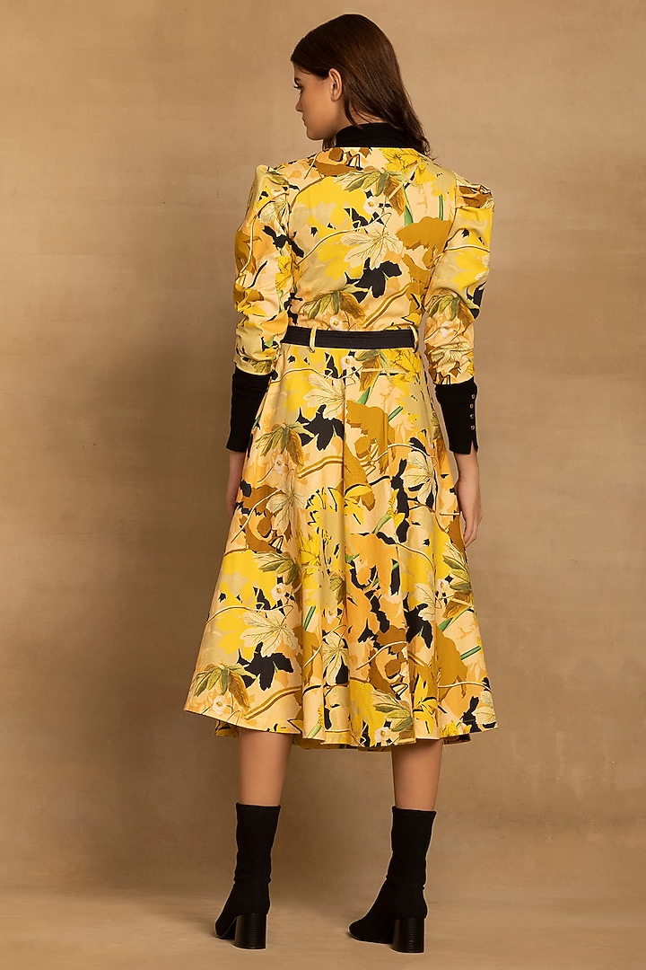 Yellow Cotton Twill Abstract Floral Printed Wrap Midi Summer Dress by Reena Sharma at Pernia's Pop Up Shop