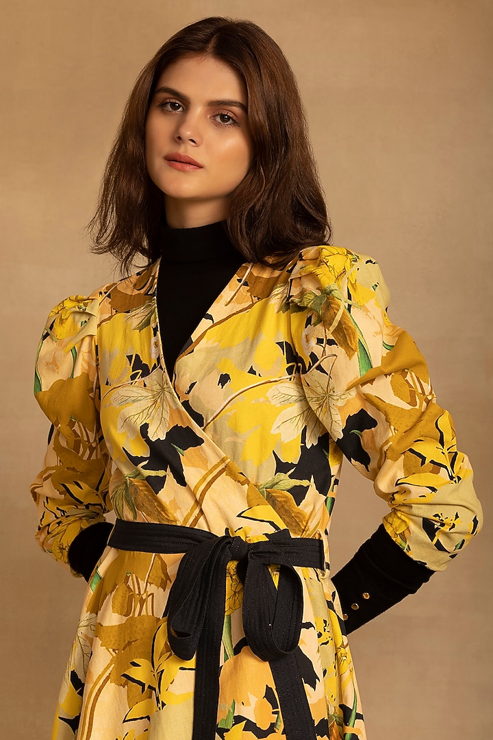 Yellow Cotton Twill Abstract Floral Printed Wrap Midi Summer Dress by Reena Sharma at Pernia's Pop Up Shop
