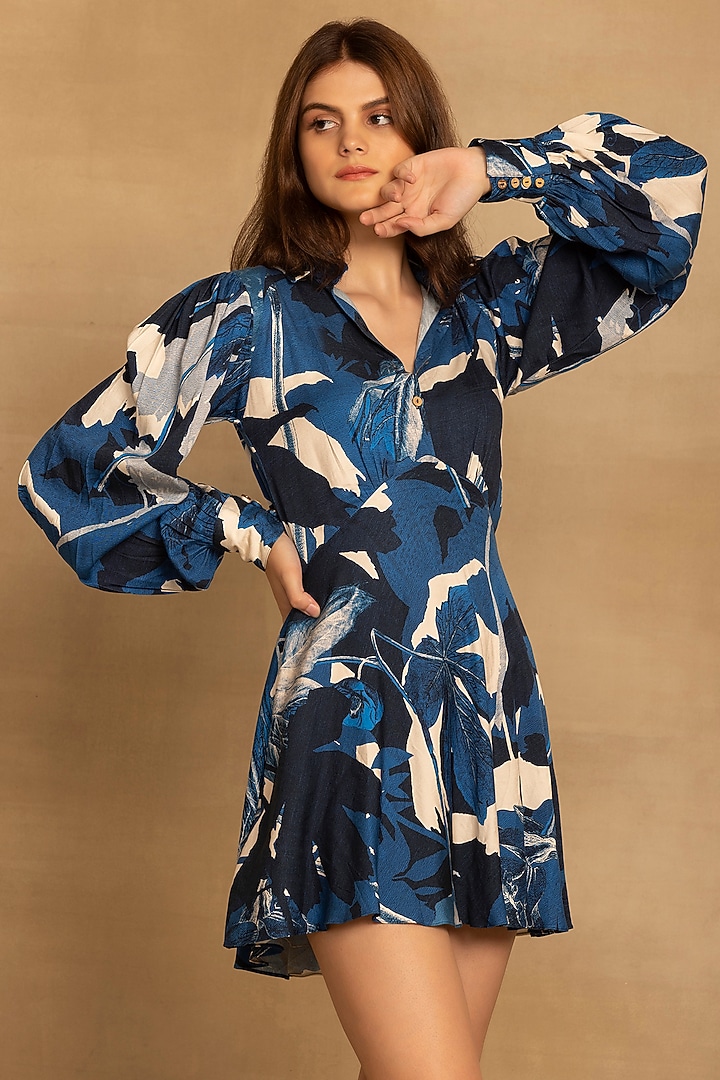 Blue Viscose Satin Abstract Floral Printed Summer Dress by Reena Sharma at Pernia's Pop Up Shop