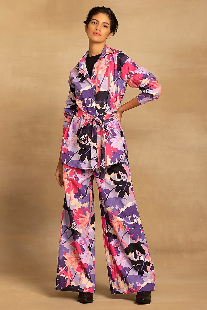 Purple Cotton Twill Abstract Floral Printed Co-Ord Set by Reena Sharma