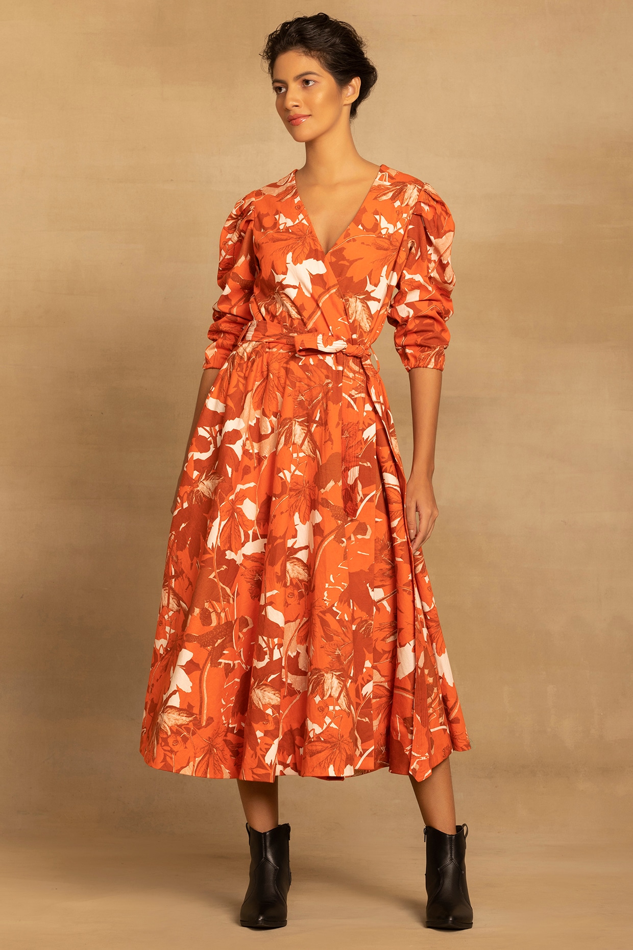 Rust Cotton Twill Abstract Floral Printed Wrap Midi Summer Dress by Reena  Sharma at Pernia's Pop Up Shop
