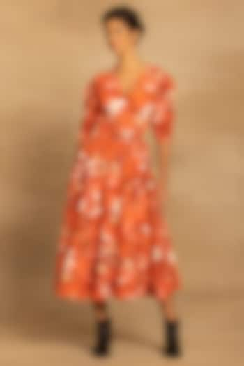 Rust Cotton Twill Abstract Floral Printed Wrap Midi Dress by Reena Sharma at Pernia's Pop Up Shop