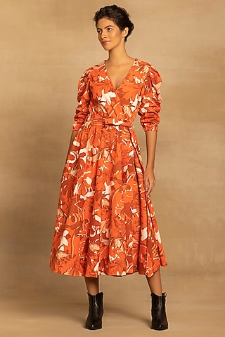 Rust Cotton Twill Abstract Floral Printed Wrap Midi Dress by Reena Sharma