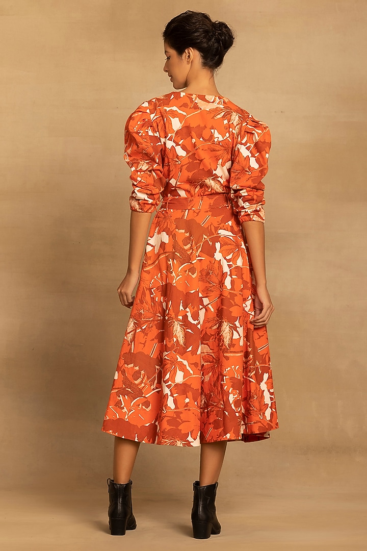 Rust Cotton Twill Abstract Floral Printed Wrap Midi Summer Dress by Reena Sharma at Pernia's Pop Up Shop