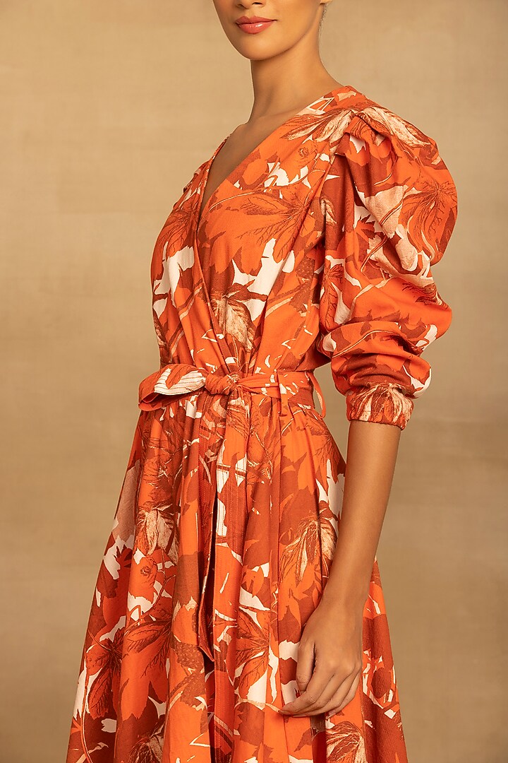 Rust Cotton Twill Abstract Floral Printed Wrap Midi Summer Dress by Reena Sharma at Pernia's Pop Up Shop