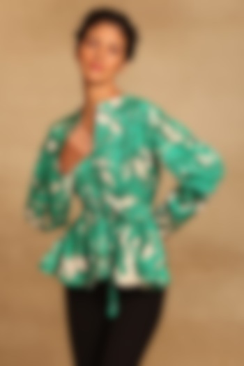 Sea Green Cotton Twill Abstract Floral Printed Peplum Top by Reena Sharma