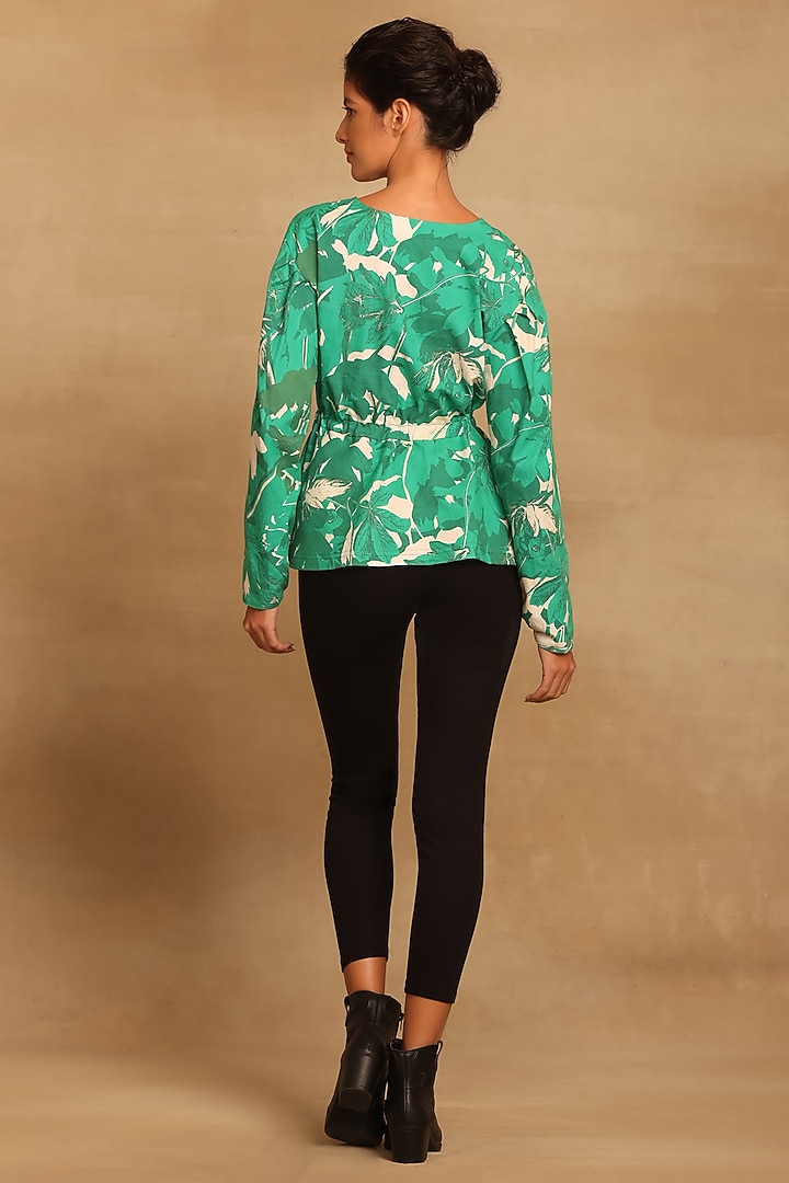 Sea Green Cotton Twill Abstract Floral Printed Peplum Top by Reena Sharma at Pernia's Pop Up Shop