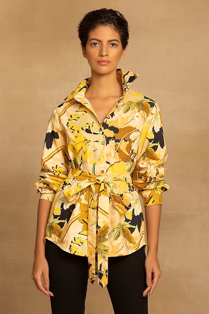 Yellow Cotton Twill Abstract Floral Printed Shirt by Reena Sharma
