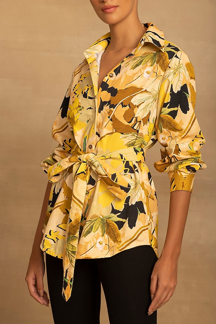 Yellow Cotton Twill Abstract Floral Printed Shirt by Reena Sharma at Pernia's Pop Up Shop