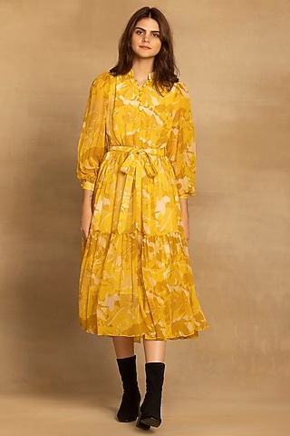 Yellow Viscose Georgette Abstract Floral Printed Tiered Midi Dress by Reena Sharma
