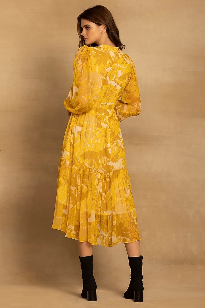 Yellow Viscose Georgette Abstract Floral Printed Tiered Midi Summer Dress by Reena Sharma at Pernia's Pop Up Shop
