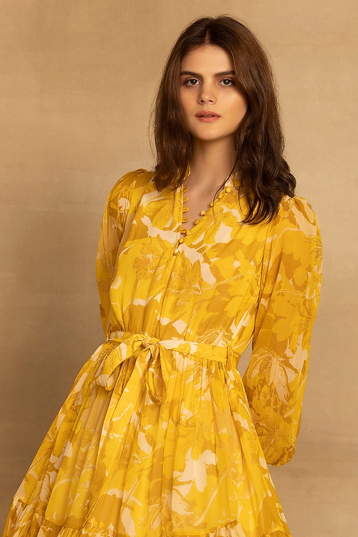 Yellow Viscose Georgette Abstract Floral Printed Tiered Midi Summer Dress by Reena Sharma at Pernia's Pop Up Shop