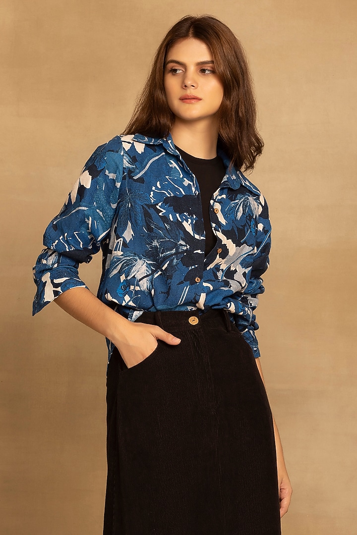 Dark Blue Cotton Twill Abstract Floral Printed Shirt by Reena Sharma at Pernia's Pop Up Shop