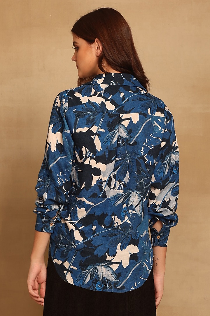 Dark Blue Cotton Twill Abstract Floral Printed Shirt by Reena Sharma at Pernia's Pop Up Shop