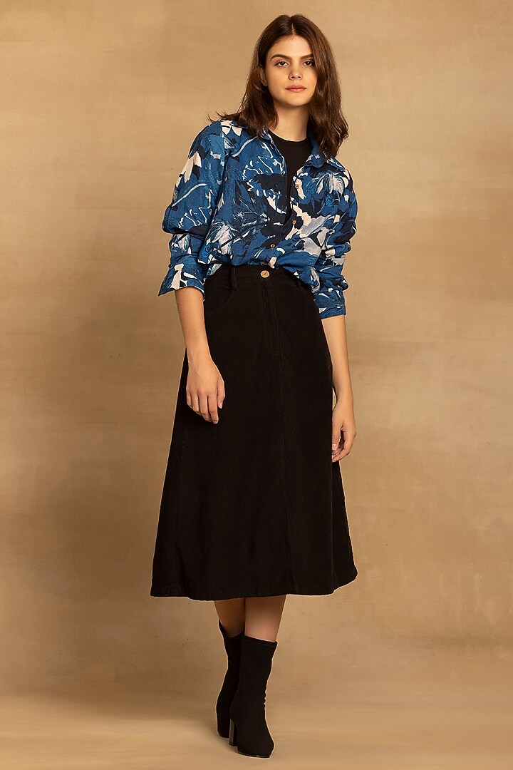 Dark Blue Cotton Twill Abstract Floral Printed Shirt by Reena Sharma at Pernia's Pop Up Shop