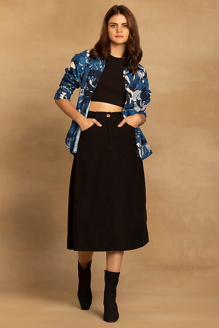 Dark Blue Cotton Twill Abstract Floral Printed Shirt by Reena Sharma at Pernia's Pop Up Shop