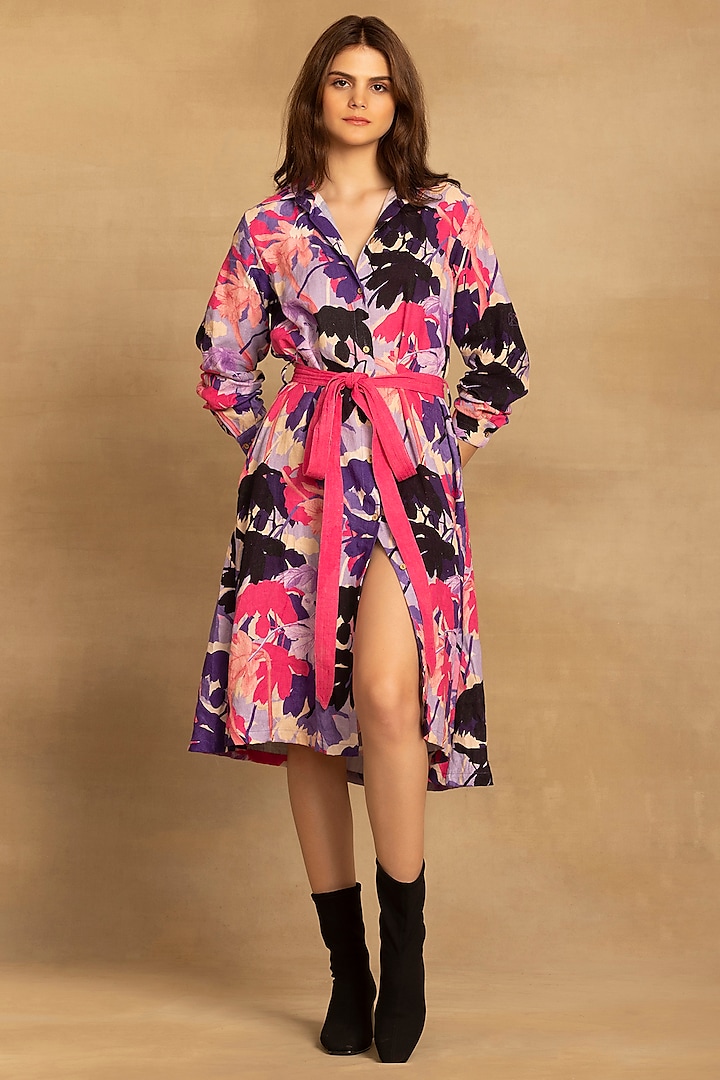 Purple Cotton Twill Abstract Floral Printed Midi Shirt Dress by Reena Sharma at Pernia's Pop Up Shop