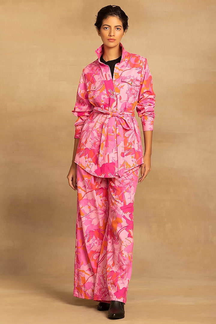 Pink Cotton Twill Abstract Floral Printed Co-Ord Set by Reena Sharma