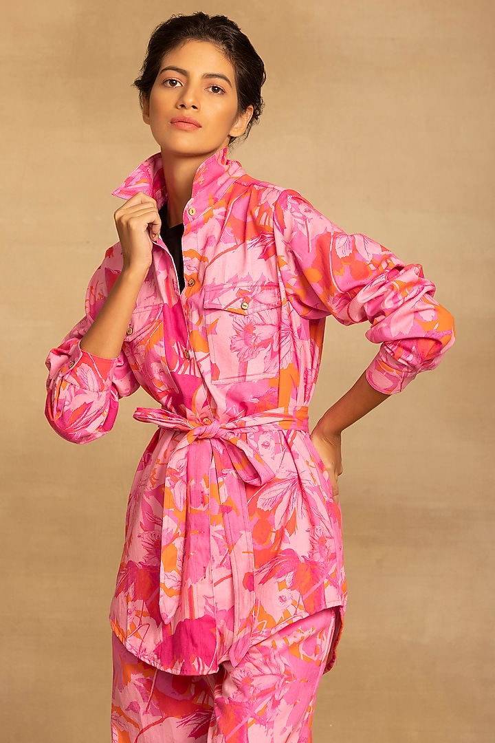 Pink Cotton Twill Abstract Floral Printed Co-Ord Set by Reena Sharma at Pernia's Pop Up Shop