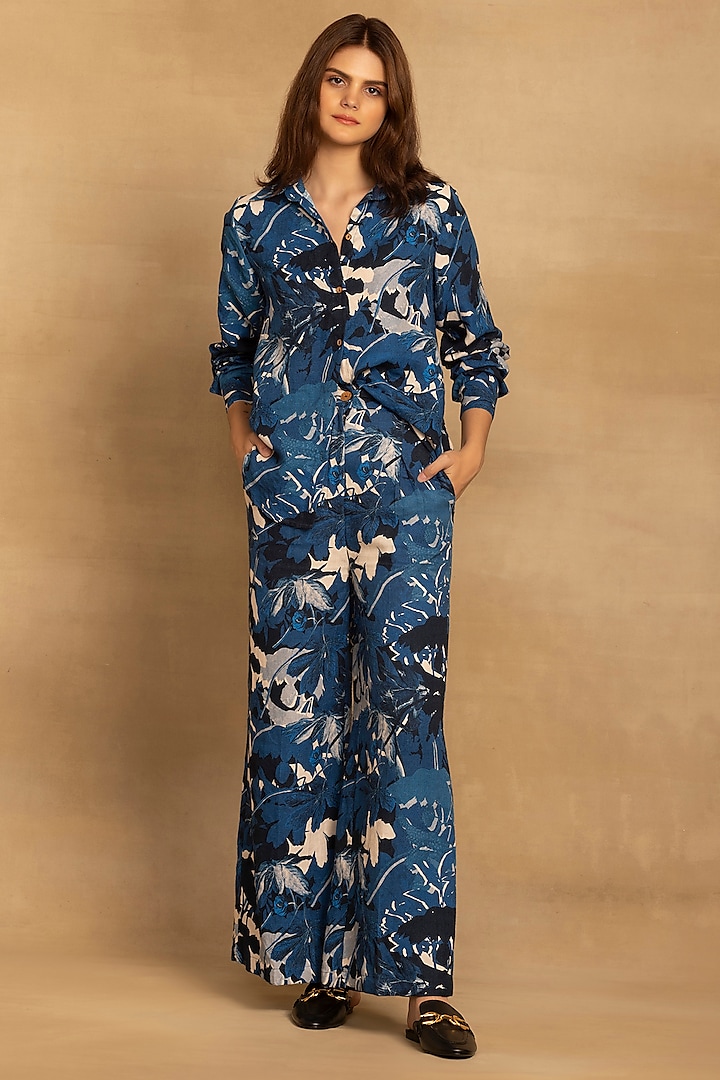 Blue Cotton Twill Abstract Floral Printed Co-Ord Set by Reena Sharma