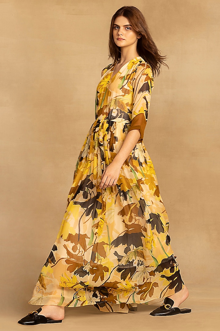 Yellow Viscose Georgette Abstract Floral Printed Maxi Summer Dress by Reena Sharma at Pernia's Pop Up Shop
