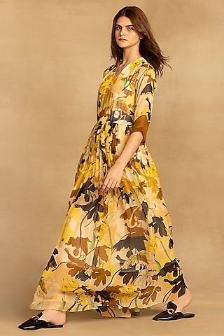 Yellow Viscose Georgette Abstract Floral Printed Maxi Dress by Reena Sharma