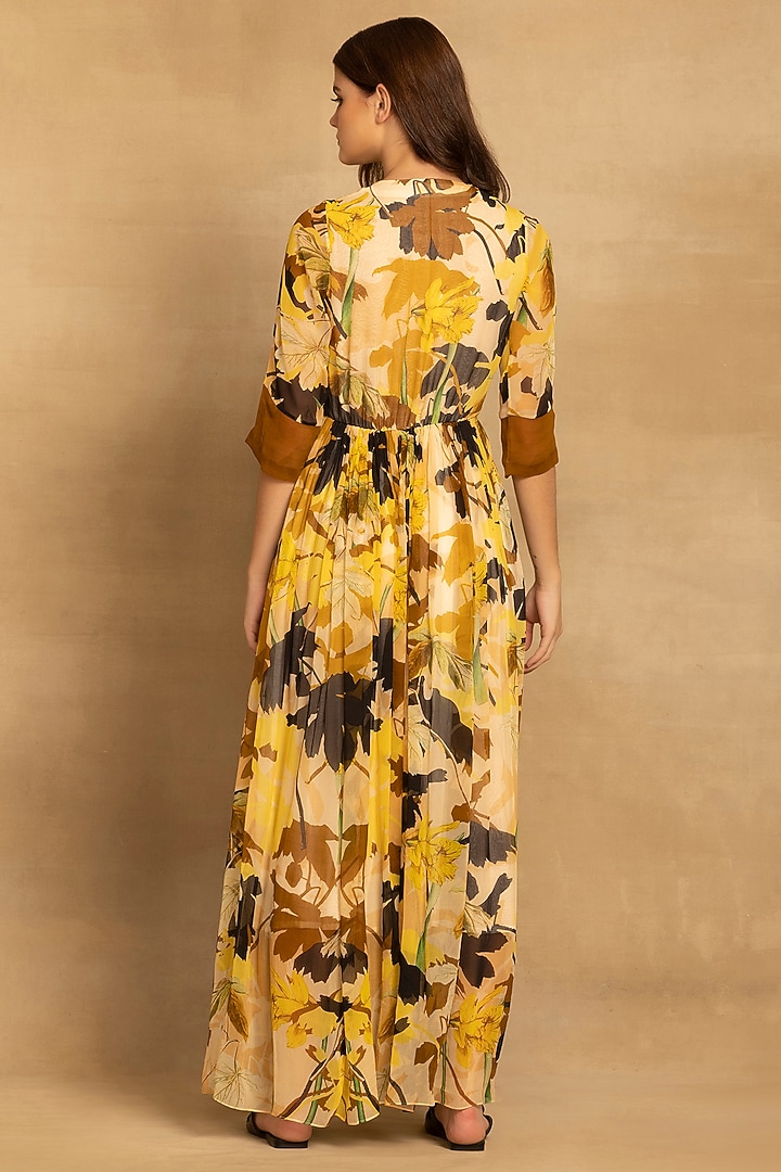 Yellow Viscose Georgette Abstract Floral Printed Maxi Summer Dress by Reena Sharma at Pernia's Pop Up Shop
