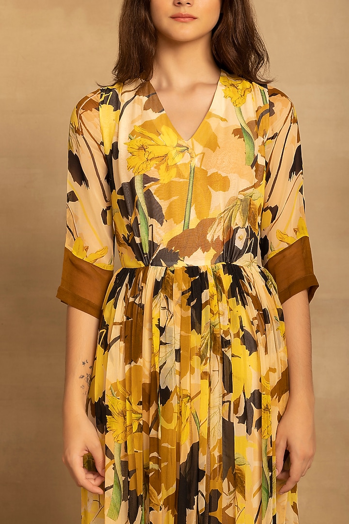 Yellow Viscose Georgette Abstract Floral Printed Maxi Summer Dress by Reena Sharma at Pernia's Pop Up Shop