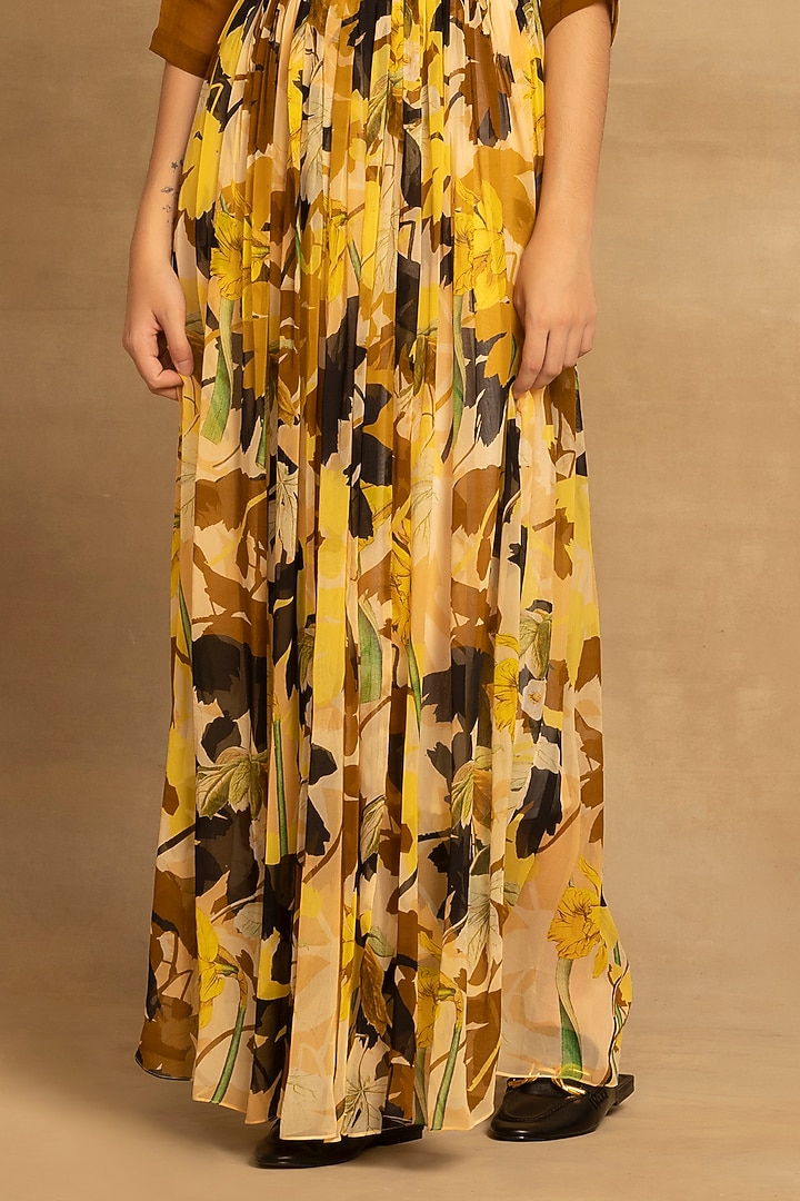 Yellow Viscose Georgette Abstract Floral Printed Maxi Summer Dress by Reena Sharma at Pernia's Pop Up Shop