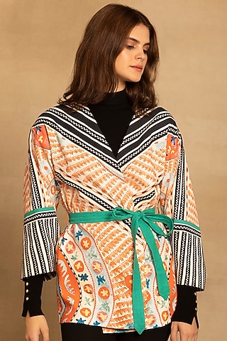 Red & Black Viscose Georgette Printed Kimono Top With Belt by Reena Sharma