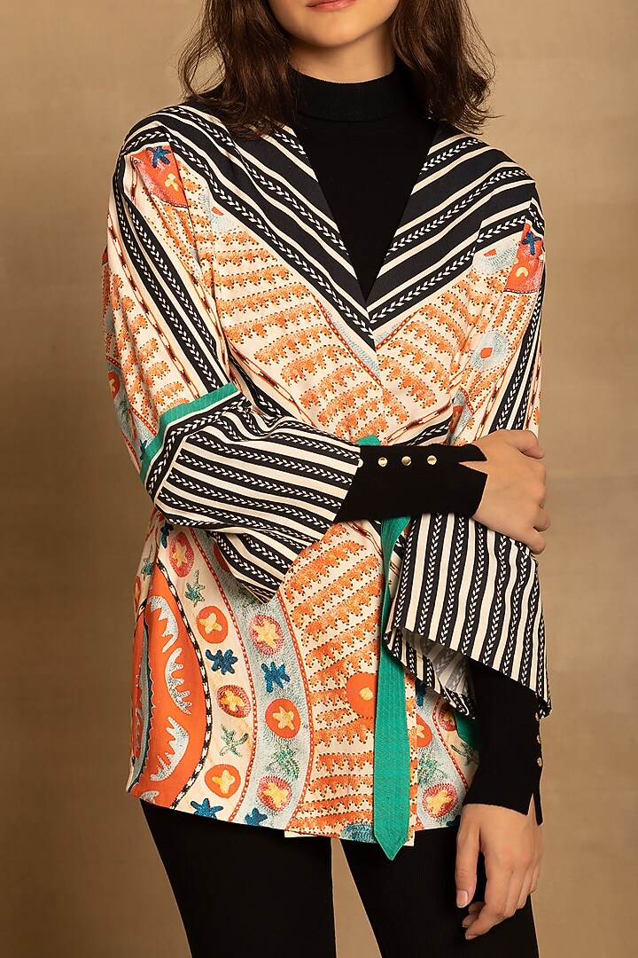 Red & Black Viscose Georgette Printed Kimono Top With Belt by Reena Sharma at Pernia's Pop Up Shop