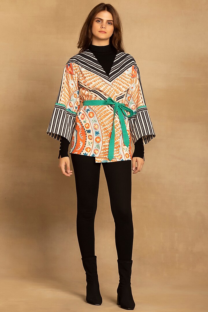 Red & Black Viscose Georgette Printed Kimono Top With Belt by Reena Sharma at Pernia's Pop Up Shop