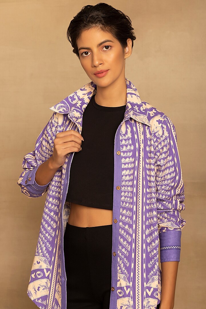 Lilac Cotton Twill Placement Printed Shirt by Reena Sharma