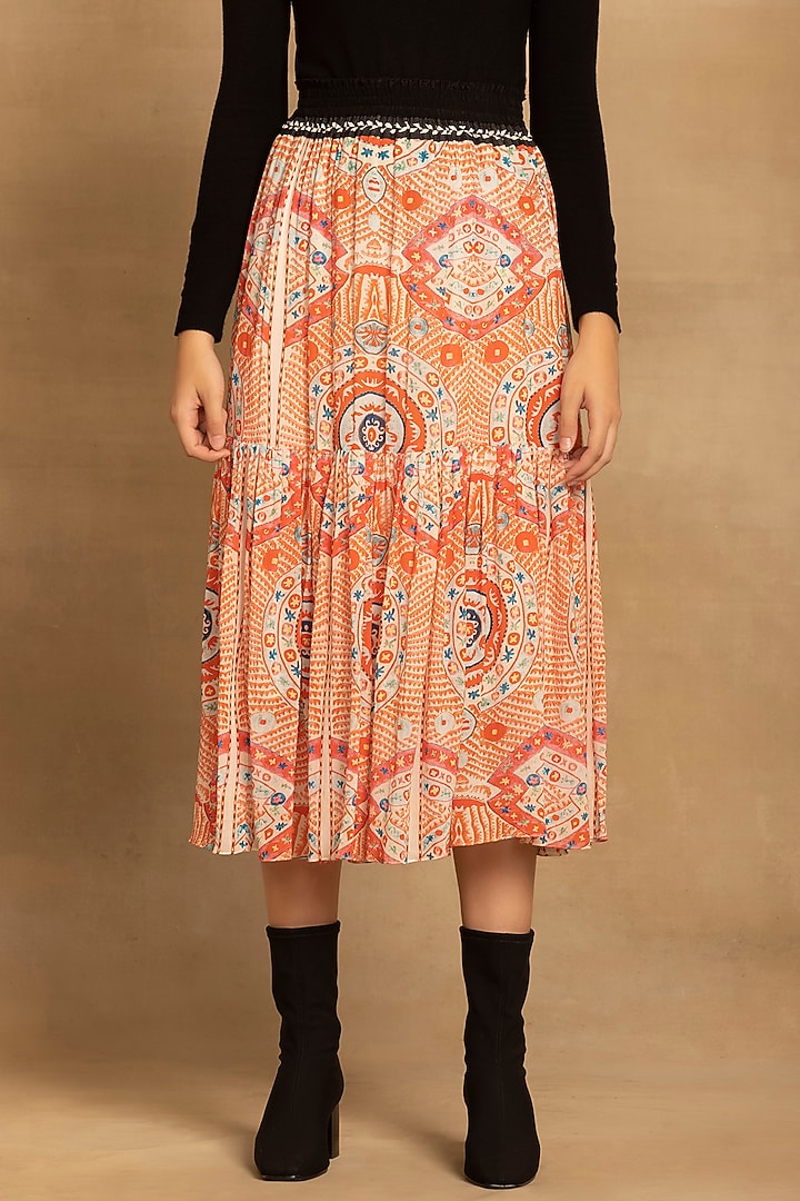 Red Viscose Georgette Ethnic Printed Tiered Skirt by Reena Sharma at Pernia's Pop Up Shop