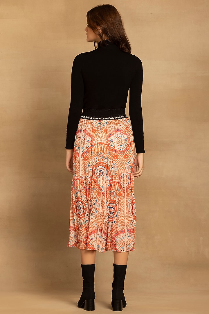 Red Viscose Georgette Ethnic Printed Tiered Skirt by Reena Sharma at Pernia's Pop Up Shop