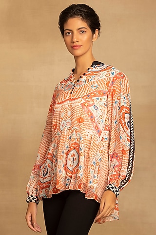 Red & Black Viscose Georgette Printed Peplum Top by Reena Sharma