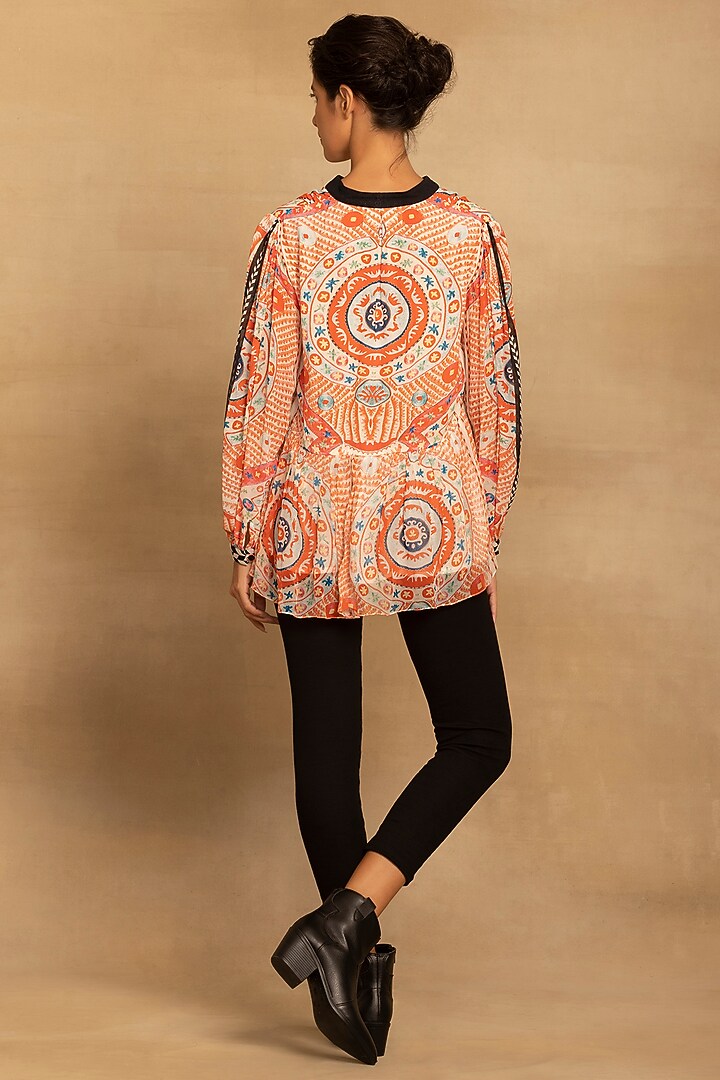 Red & Black Viscose Georgette Printed Peplum Top by Reena Sharma at Pernia's Pop Up Shop